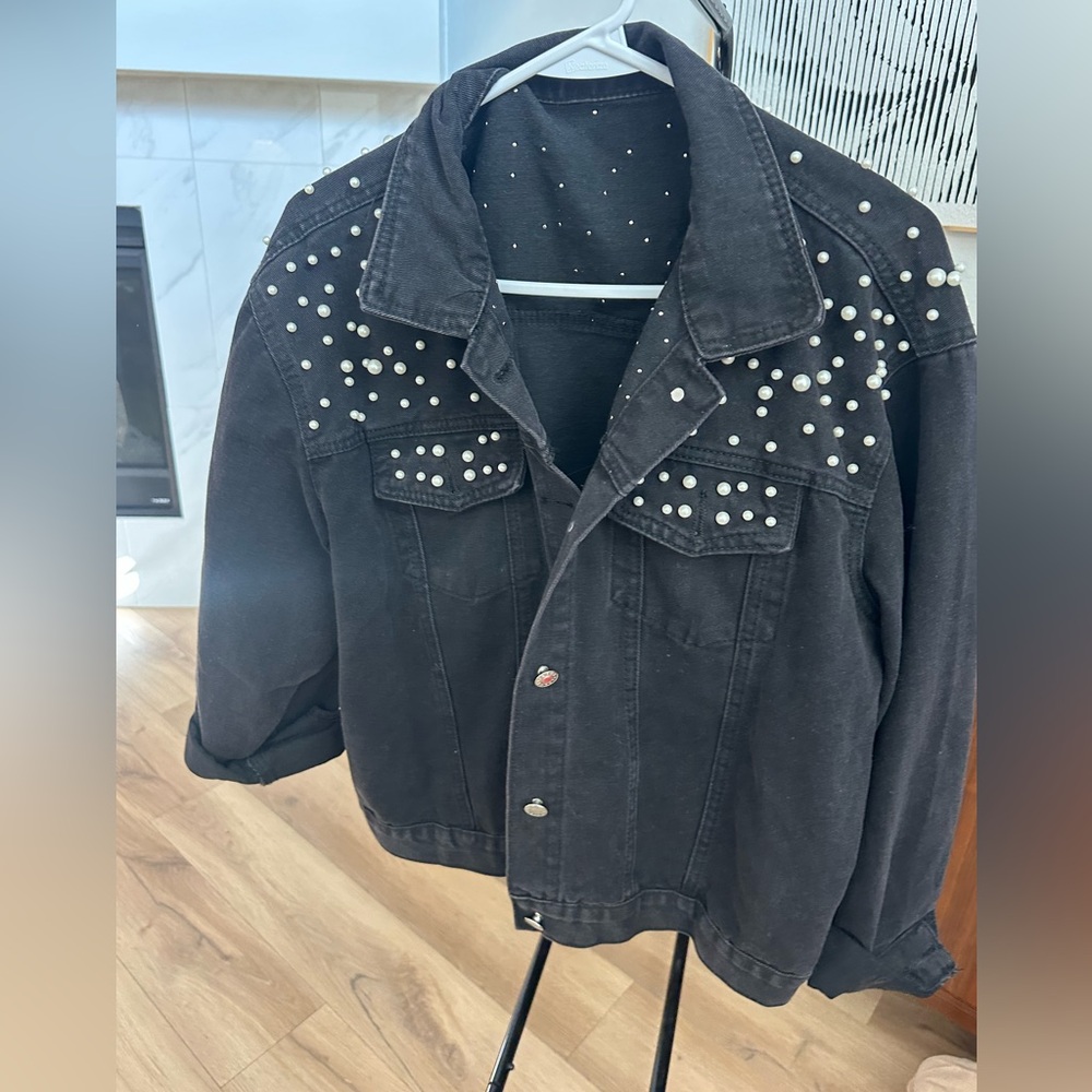 Black Pearl Studded Denim Jacket - Women Large